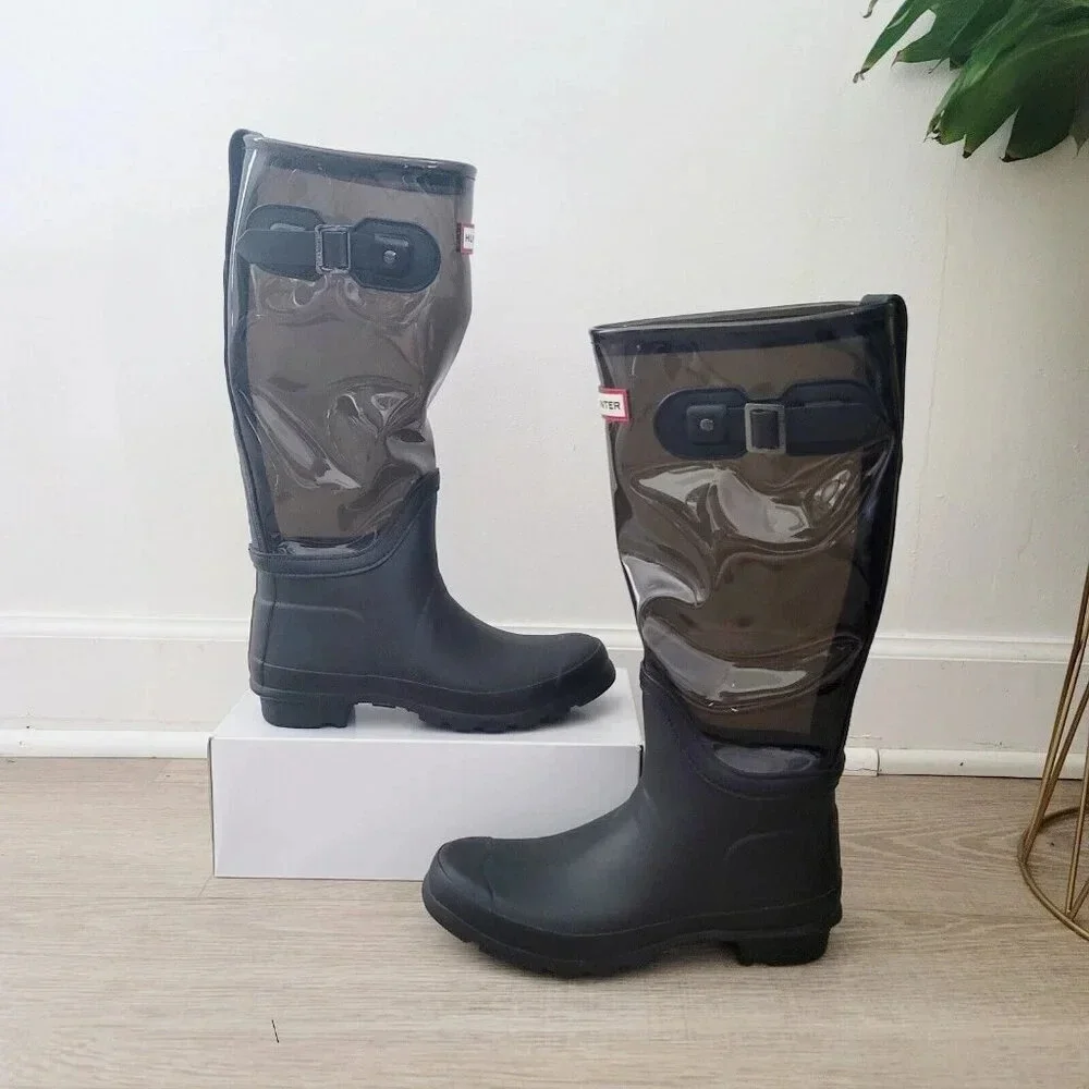 Hunter Fisherman Black Clear Buckle Rubber Tall Rain Outdoor Boots Shoes 7
